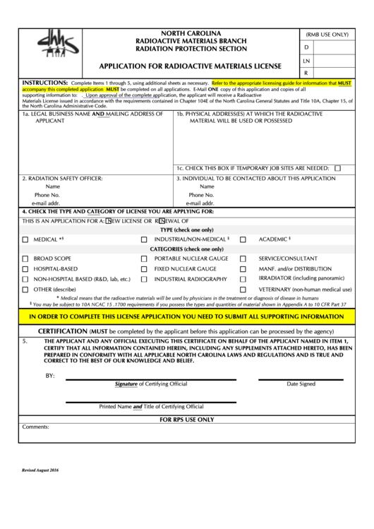 Application For Radioactive Materials License - North Carolina Radioactive Materials Branch Printable pdf