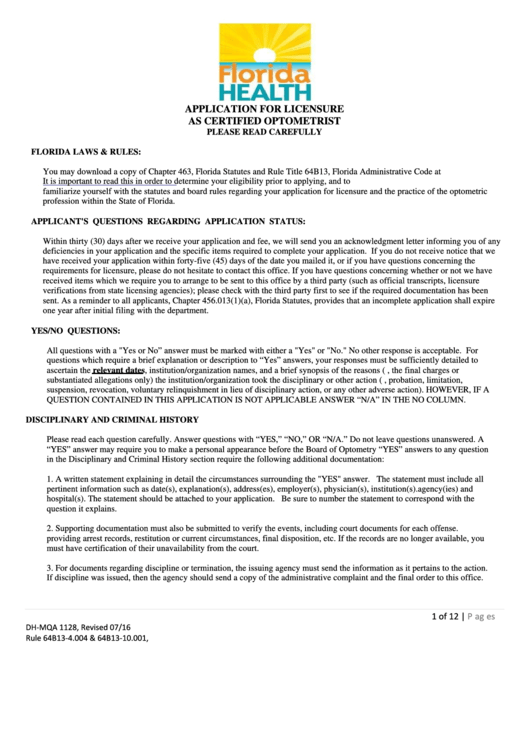 Form Dh-Mqa 1128 - Application For Licensure As Certified Optometrist Printable pdf