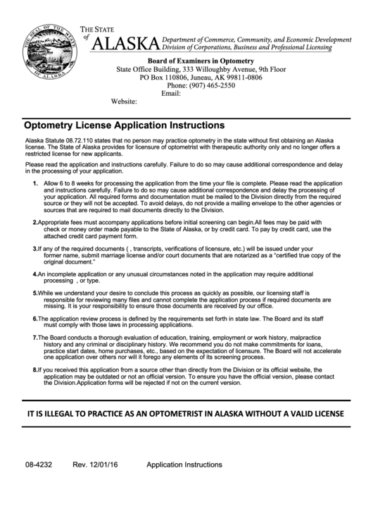 Fillable Form 08-4232 - Optometry License Application Printable pdf