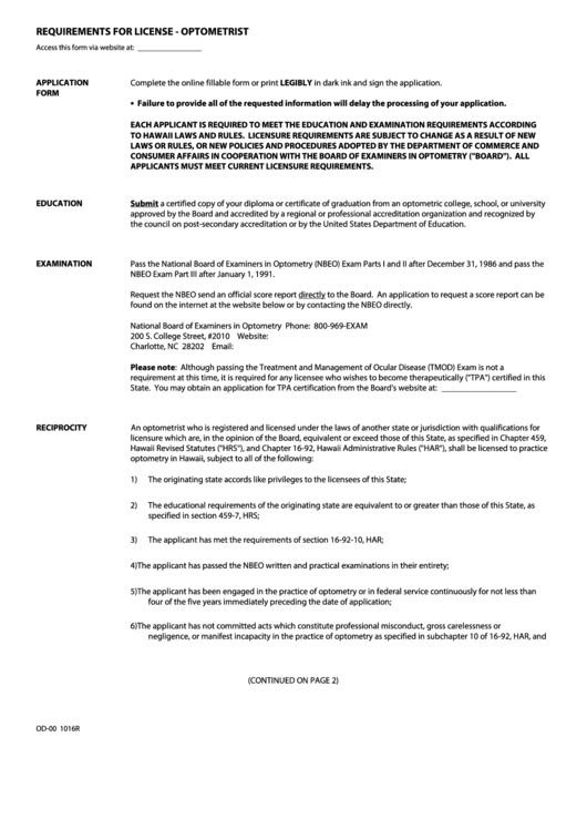 Fillable Form Od-01 1016r - Application For Exam & License - Optometrist Printable pdf