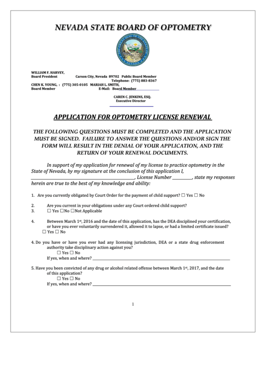 Application For Optometry License Renewal - Nevada State Board Of Optometry Printable pdf