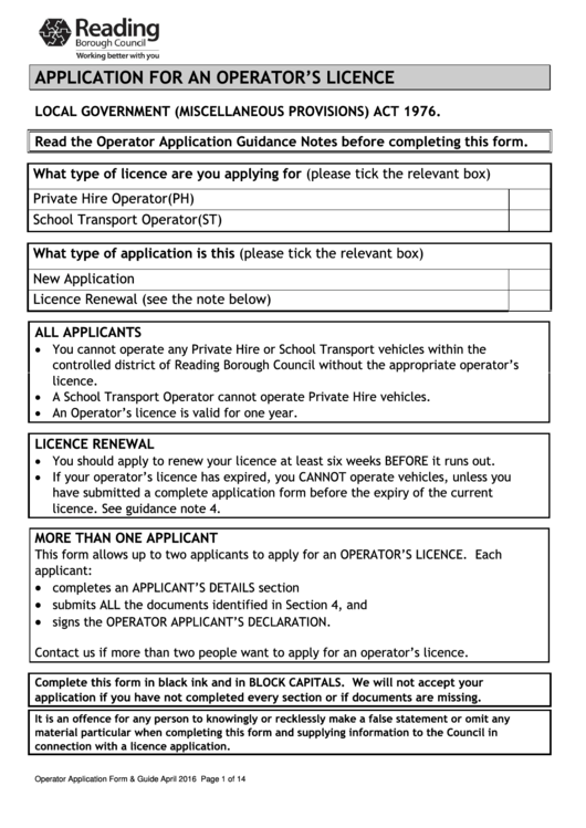 Application For An Operator's Licence - Reading Borough Council