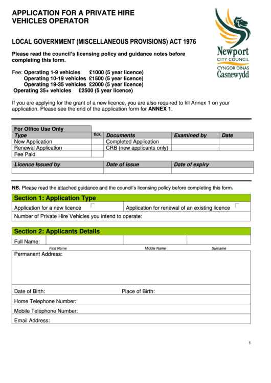Application For A Private Hire Vehicles Operator - Newport City Council Printable pdf