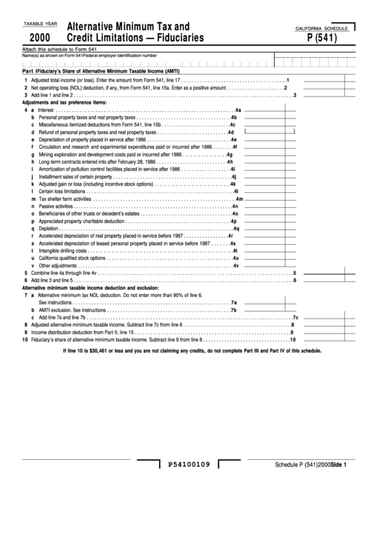 California Shedule P (541) - Alternative Minimum Tax And Credit Limitations - Fiduciaries - 2000 Printable pdf