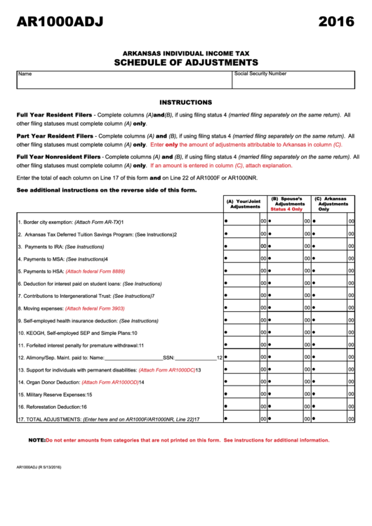 Fillable Form Ar1000adj - Individual Income Tax - Shedule Adjustments - 2016 Printable pdf