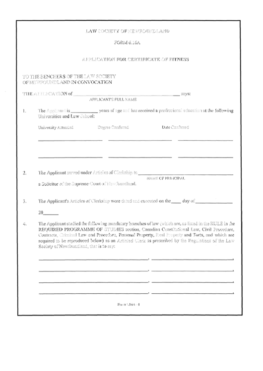 Form 6.16a - Application For Certificate Of Fitness Printable pdf