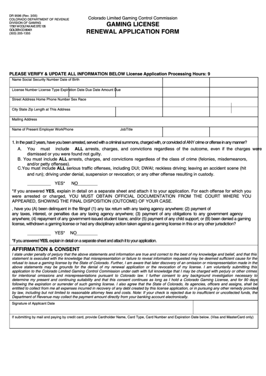 Form Dr 9596 - Gaming License Renewal Application Form