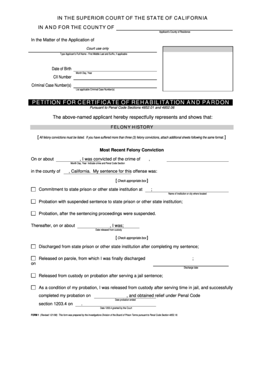 Fillable Form 1 - Petition For Certificate Of Rehabilitation And Pardon Printable pdf