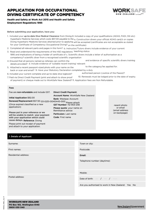 Fillable Application For Occupational Diving Certificate Of Competency - Worksafe New Zealand Printable pdf