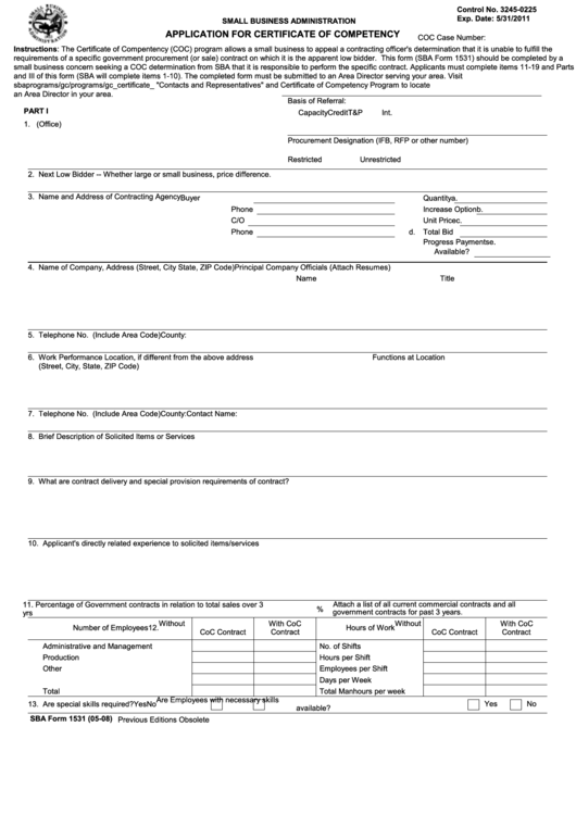 Fillable Sba Form 1531 - Application For Certificate Of Competency Printable pdf