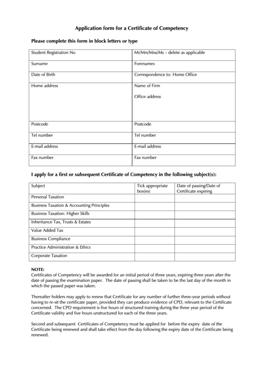 Application Form For A Certificate Of Competency - The Association Of Taxation Technicians Printable pdf