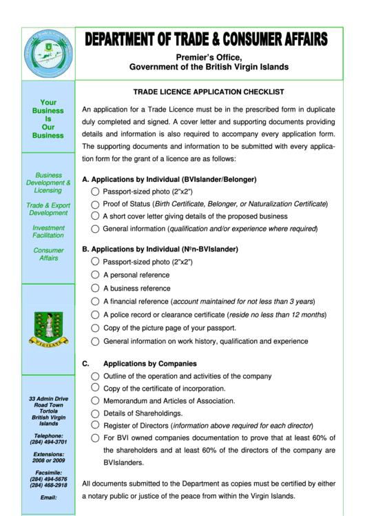 Fillable Trade Licence Application Checklist - Government Of The British Virgin Islands Printable pdf