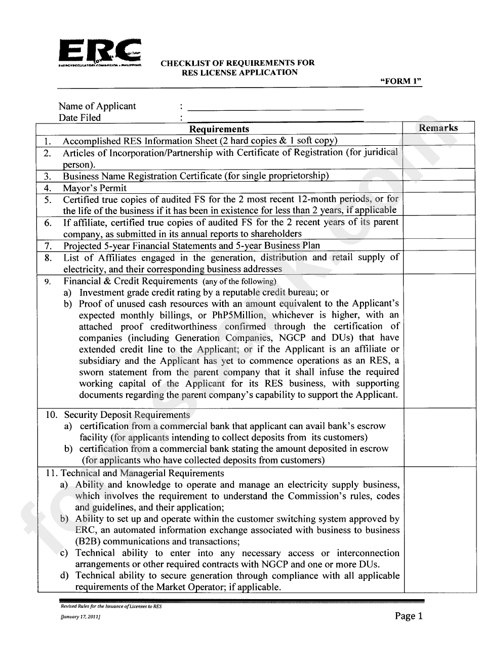 Form 1 - Checklist Of Requirements For Res License Application
