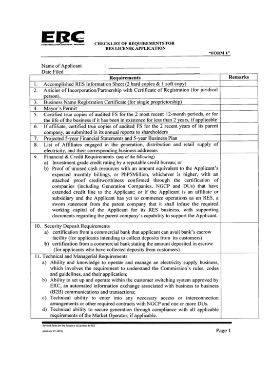 Form 1 - Checklist Of Requirements For Res License Application Printable pdf