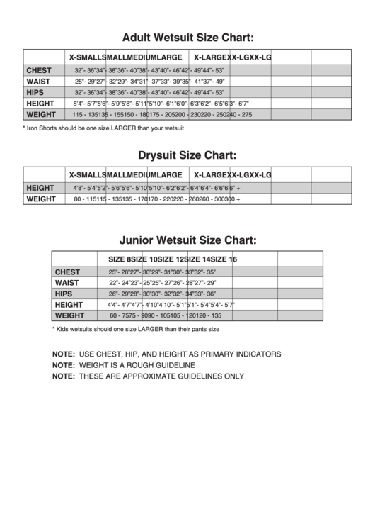 Adult/junior Wetsuit & Drysuit Size Chart Printable pdf