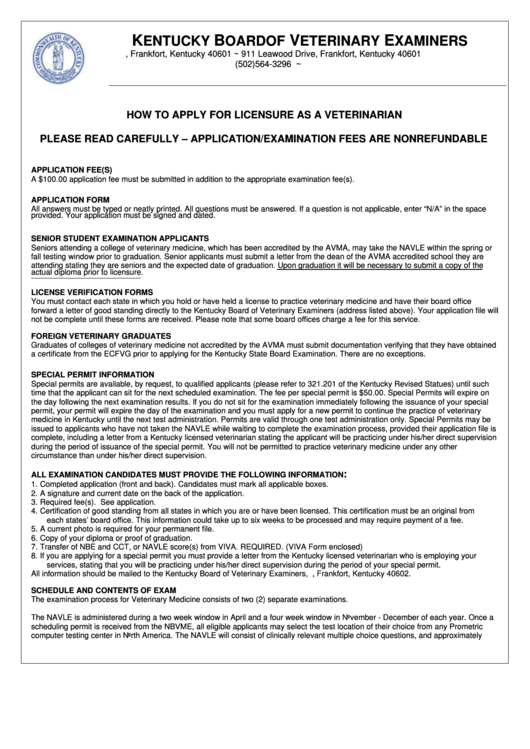 Application For Verification And Examination For Licensure To Practice Veterinary Medicine In Kentucky Printable pdf