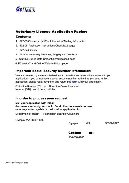 Form Doh 672-033 - Veterinary License Application Packet Printable pdf