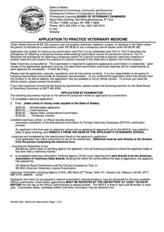 Form 08-609 - Application To Practice Veterinary Medicine Printable pdf