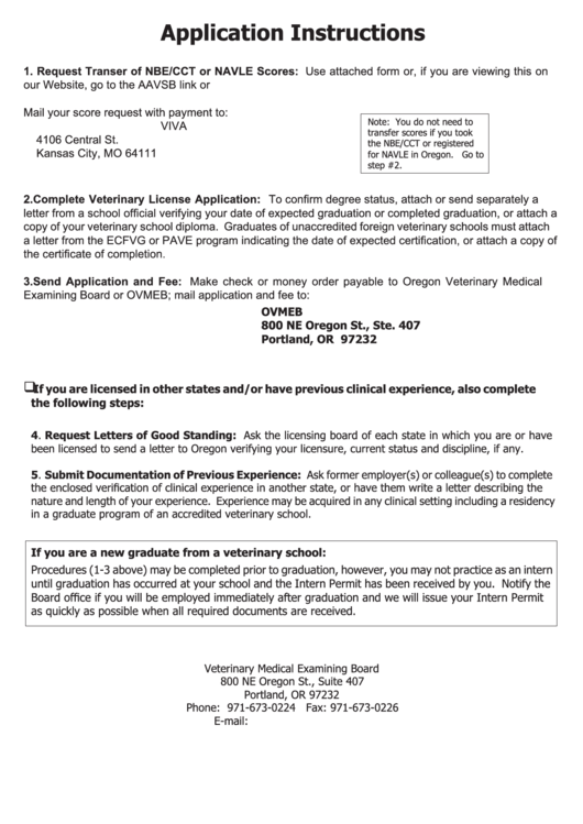 Veterinary License Or Intern License Application - Oregon Veterinary Medical Examining Board Printable pdf