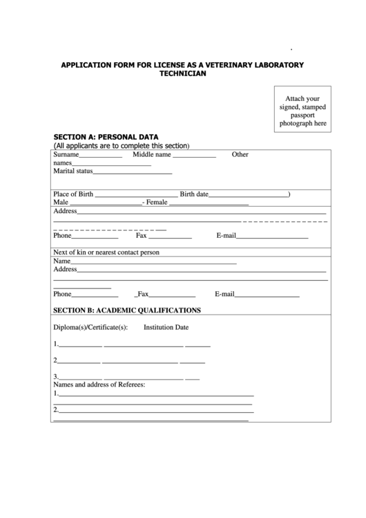 Application Form For License As A Veterinary Laboratory Technician Printable pdf