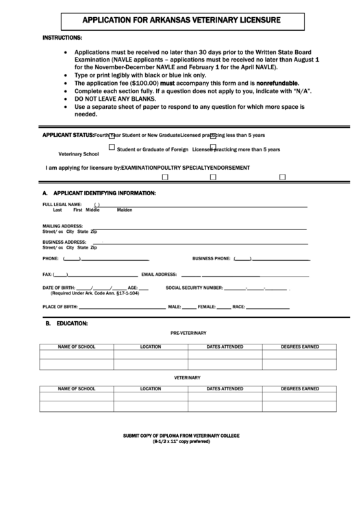 Application For Arkansas Veterinary Licensure Printable pdf