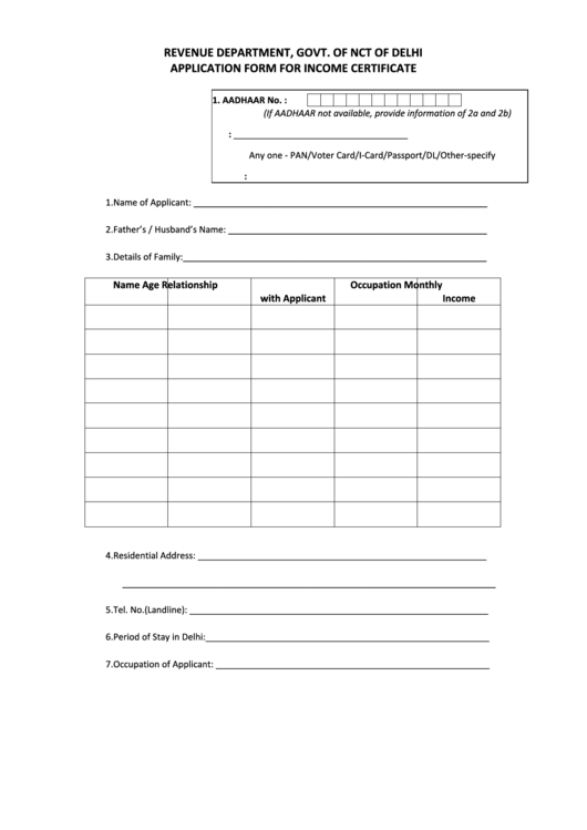 Application Form For Income Certificate - Revenue Department, Govt. Of Nct Of Delhi Printable pdf