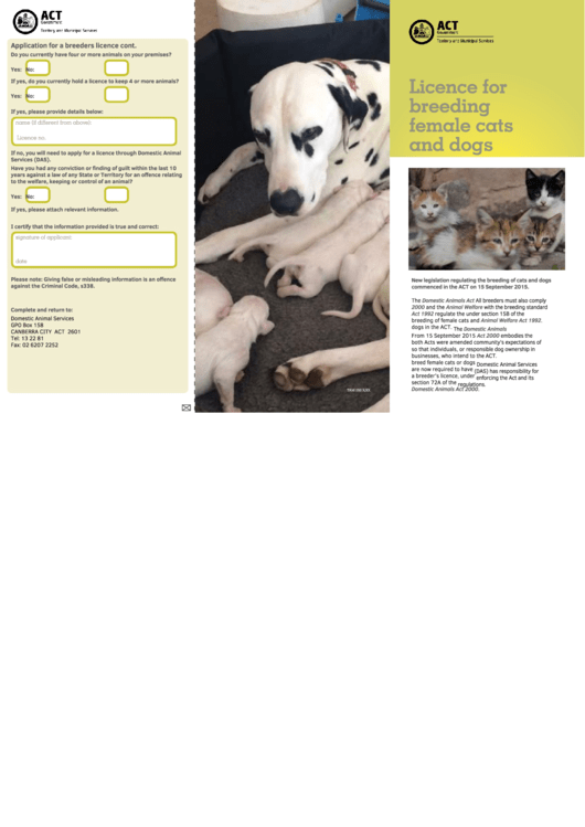 Application For A Breeders Licence - Act Government Printable pdf