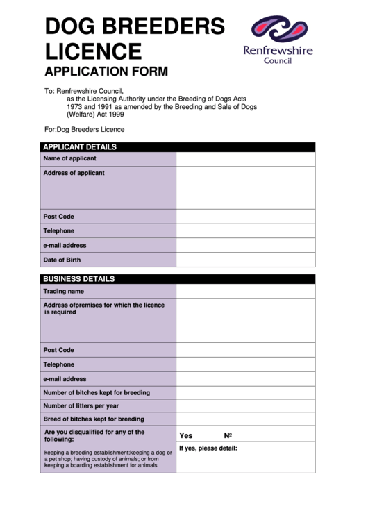 Fillable Dog Breeders Licence Application Form - Renfrewshire Council Printable pdf