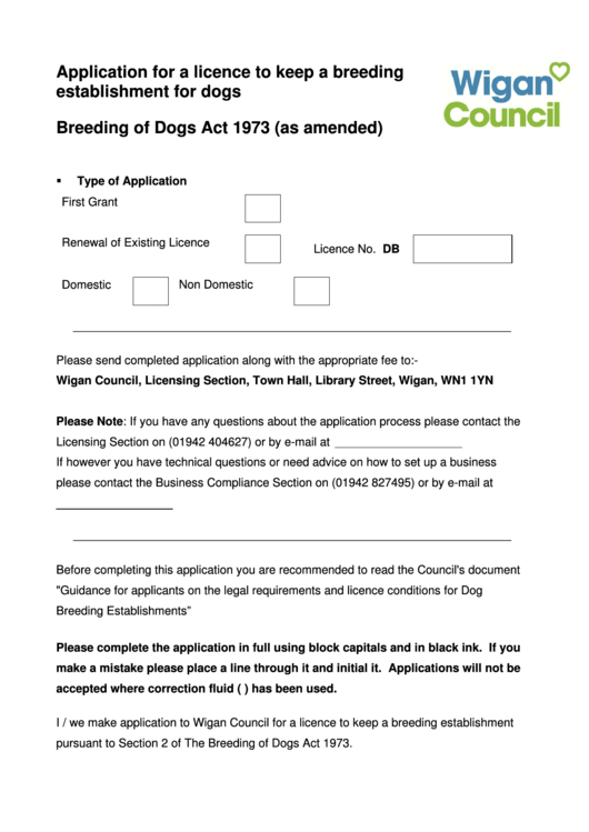 Application For A Licence To Keep A Breeding Establishment