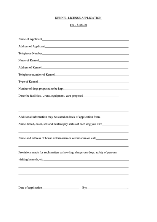 Kennel License Application Printable pdf