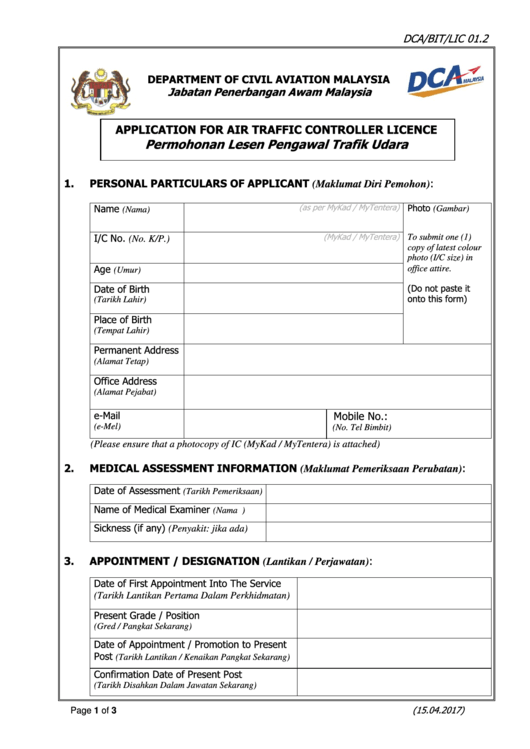 Application For Air Traffic Controller Licence - Department Of Civil Aviation Malaysia Printable pdf