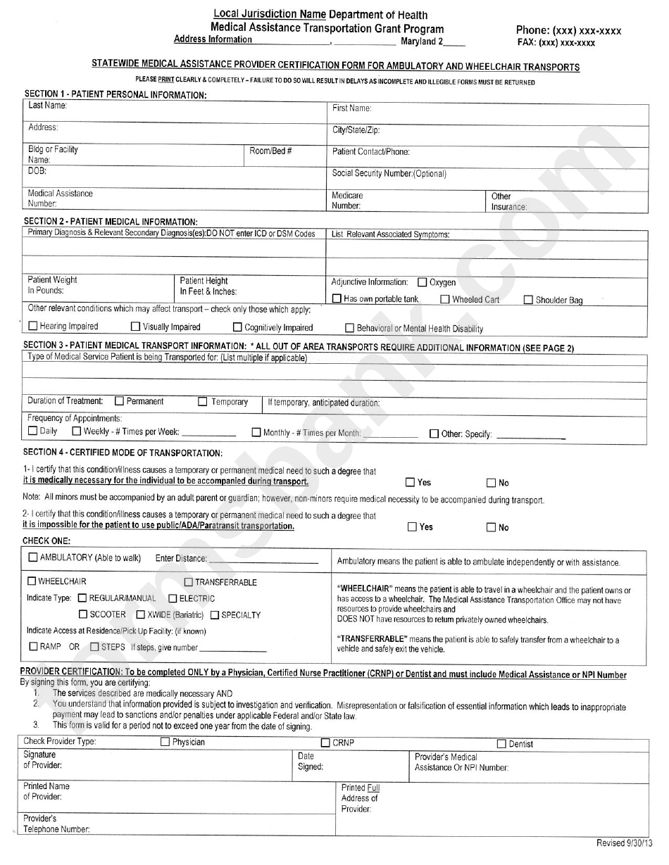Statewide Medical Assistance Provider Certification Form For Ambulatory And Wheelchair Transports