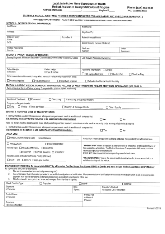 Statewide Medical Assistance Provider Certification Form For Ambulatory And Wheelchair Transports Printable pdf