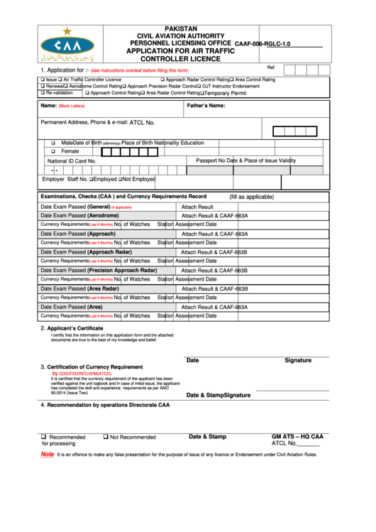 Form Caaf-006-Rglc-1.0 - Application For Air Traffic Controller Licence Printable pdf