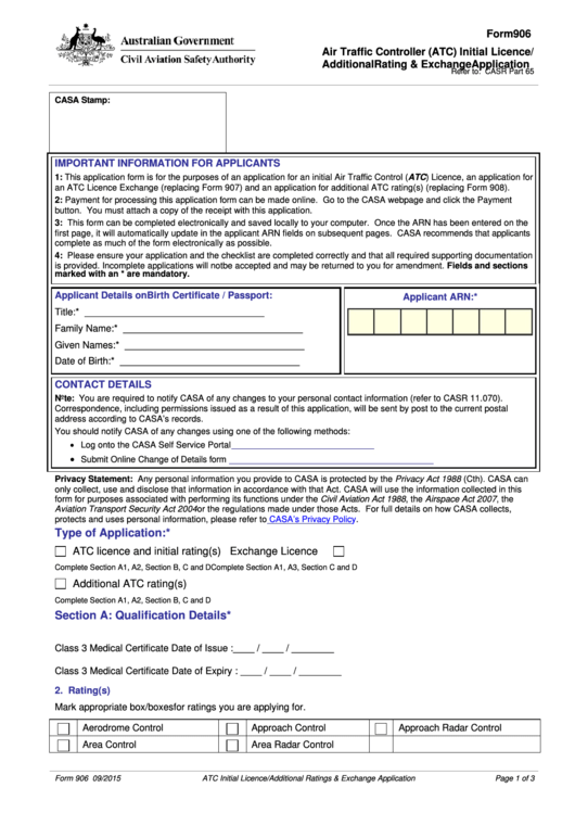 Fillable Form 906 - Air Traffic Controller (Atc) Initial Licence/ Additional Rating & Exchange Application Printable pdf