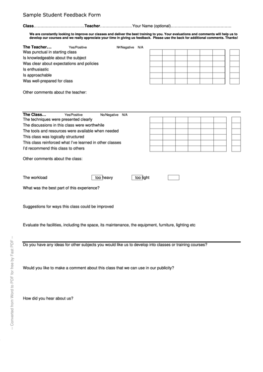 Sample Studdent Fedback Form Printable pdf