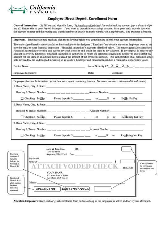 Fillable Employee Direct Deposit Enrollment Form Printable pdf