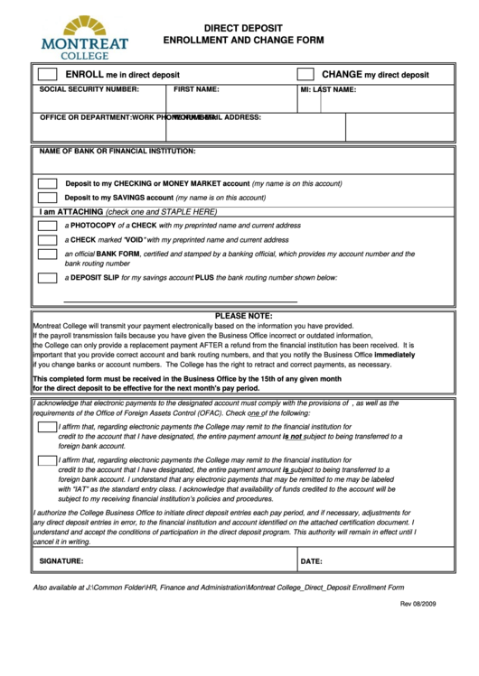 Enrollment And Change Form Printable pdf