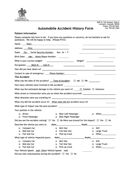 Fillable Automobile Accident History Form printable pdf download