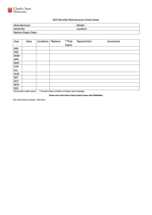 Aed Monthly Maintenance Check Sheet printable pdf download