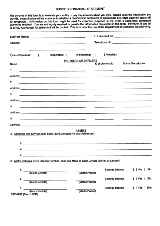 Form Djt-1853 - Business Financial Statement Form Printable pdf
