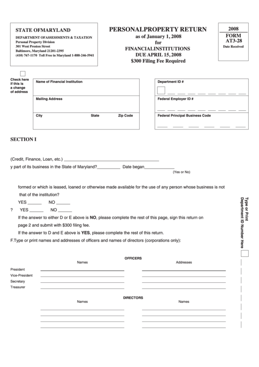 Form At3-28 - Personal Property Return - 2008 Printable pdf