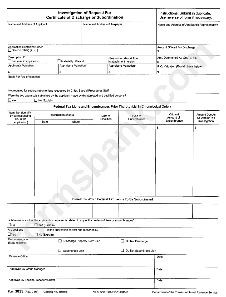 Form 3033 - Investigatio Of Request For Certificate Of Discharge Or Subordination