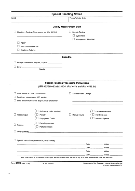 Form 3198 - Special Handling Notice Printable pdf