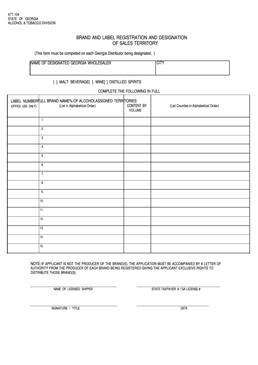 Form Att-104 - Brand And Label Registration And Designation Of Sales Territory Printable pdf