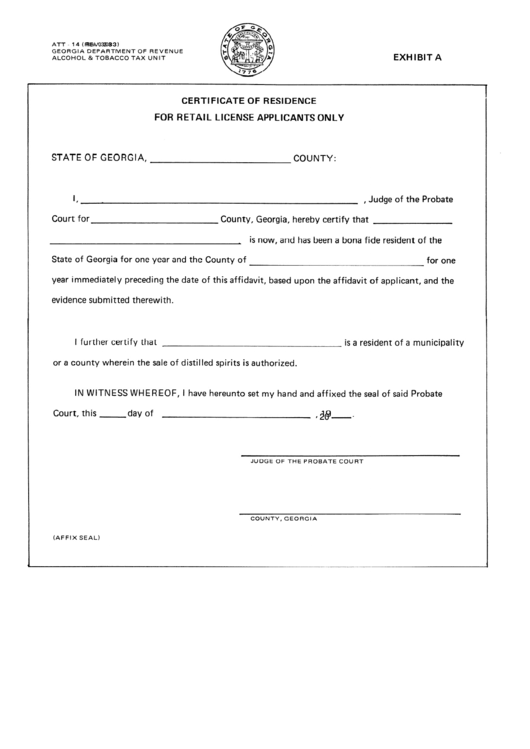 Form Att-14 - Certificate Of Residence For Retail License Applicants Printable pdf