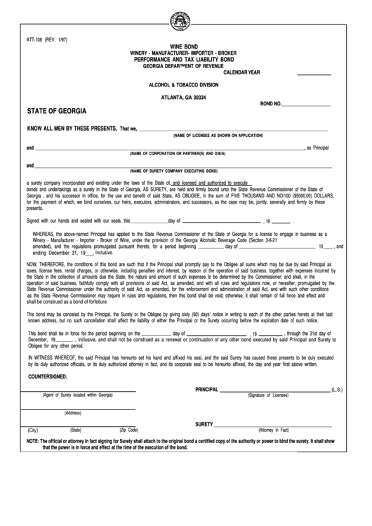 Form Att-108 - Winery, Manufacturer, Importer, Broker, Performance And Tax Liability Bond Printable pdf