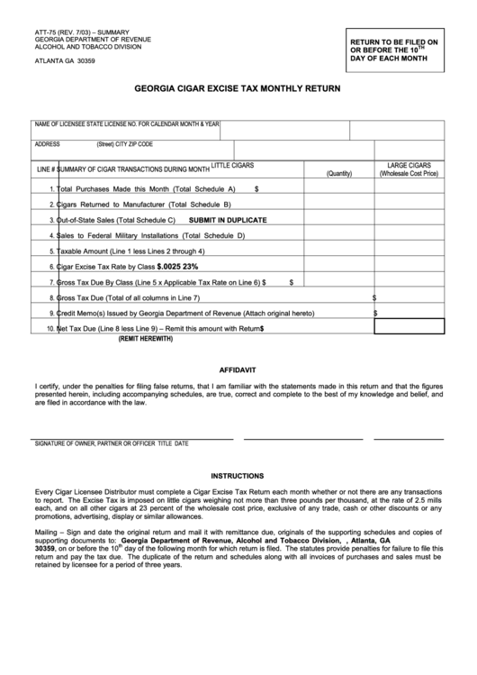 Form Att-75 - Georgia Cigar Excise Tax Monthly Return Printable pdf