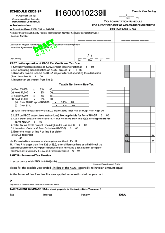 Form 41a720-S41 Draft - Schedule Keoz-Sp - Tax Computation Schedule Printable pdf