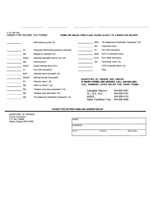 Form It-101 - Order For Income Tax Forms Printable pdf